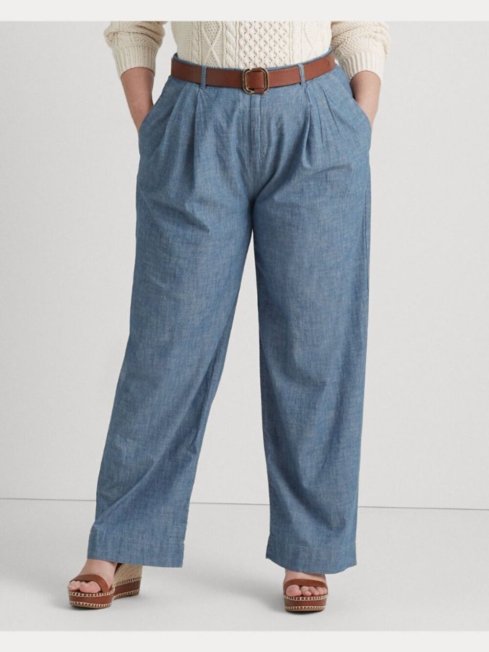 NEW! Lauren Ralph Lauren Women's 20W Pleated Chambray Wide-Leg Pant NWT $145 - Picture 3 of 6